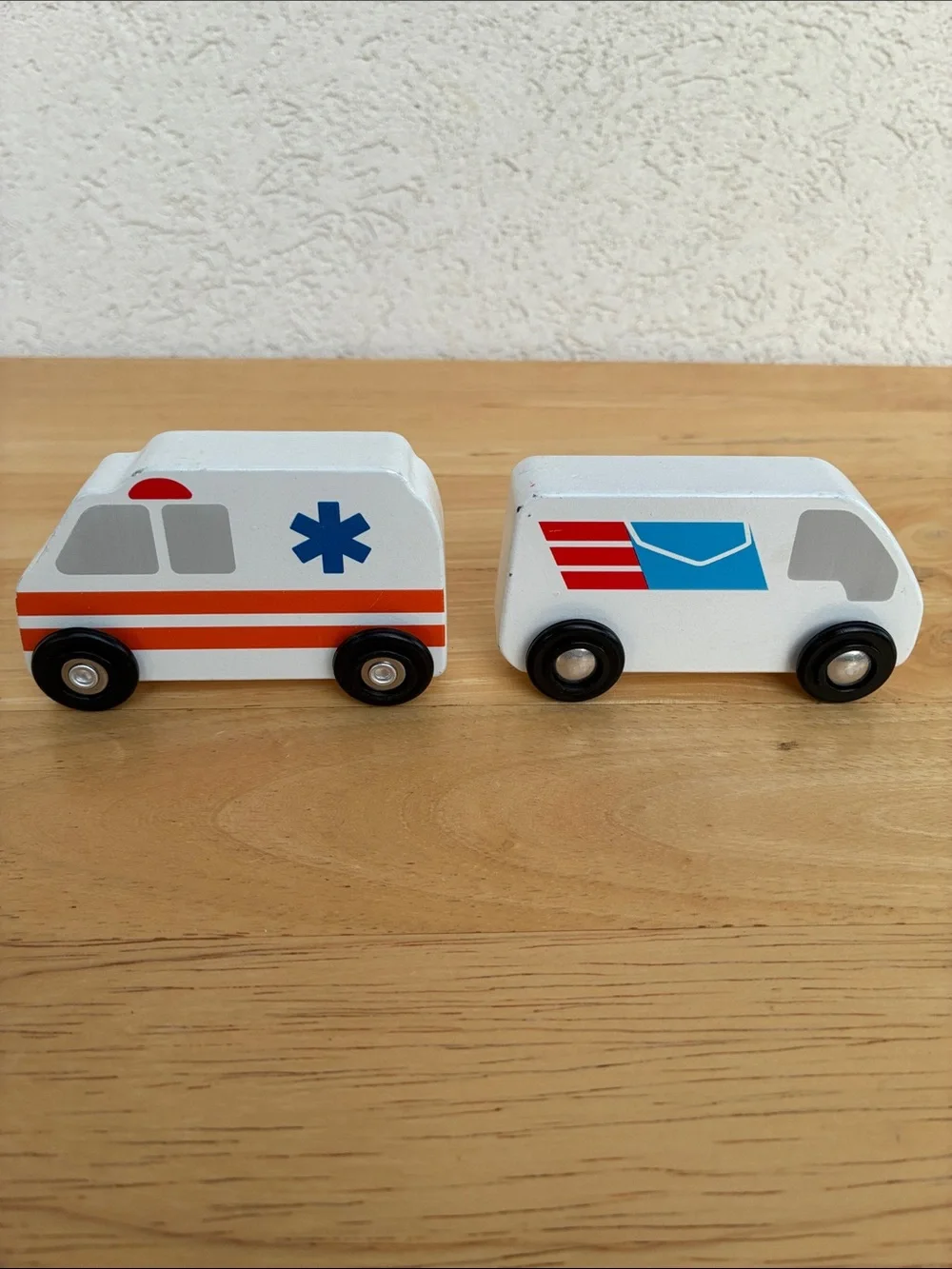 Wooden Emergency & Transport Vehicle Toy Set of 5. Fire bus ambulance plane post